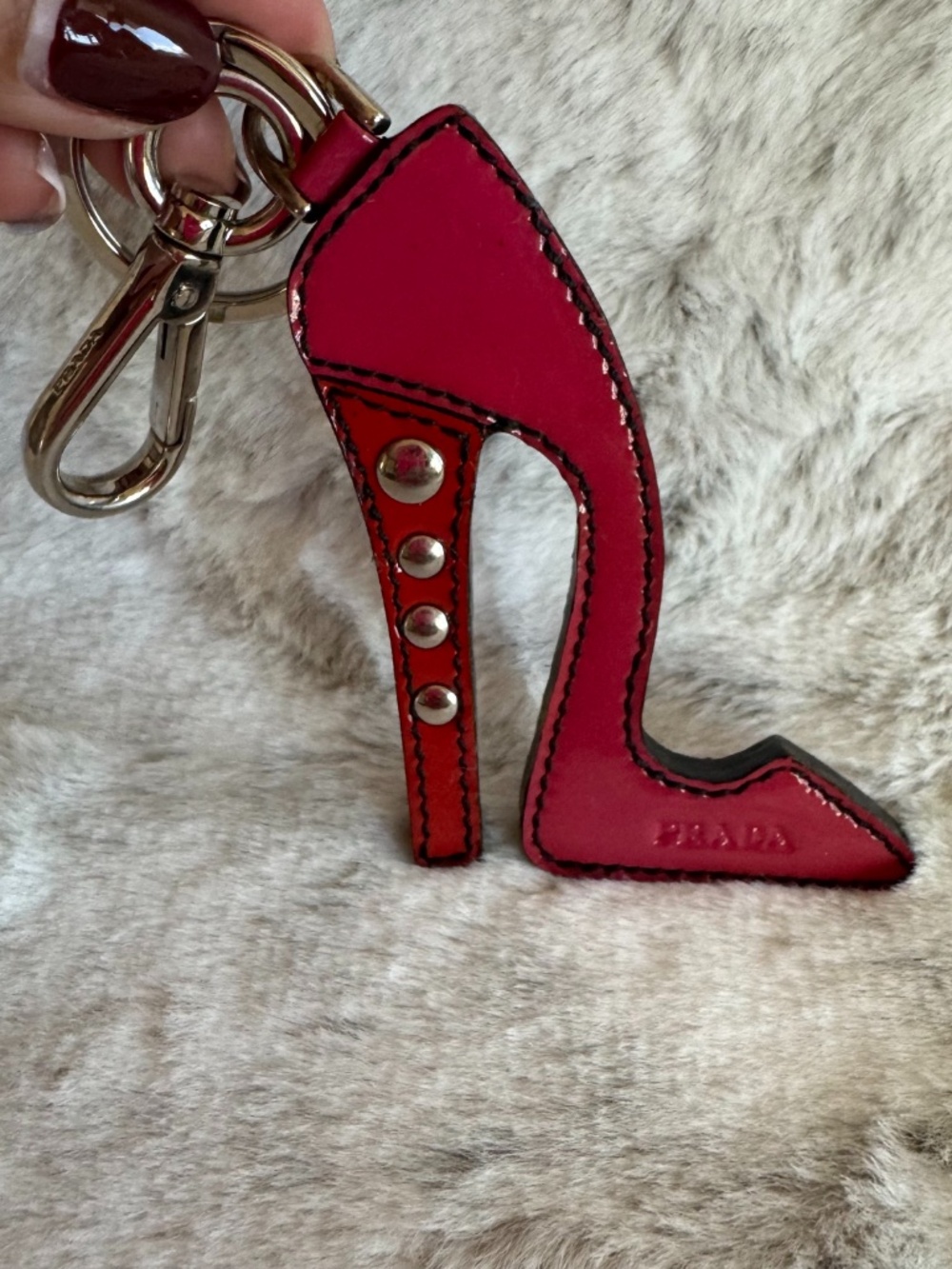 Prada Patent Leather Studded Stiletto High Heel Bag Charm Keychain P0328